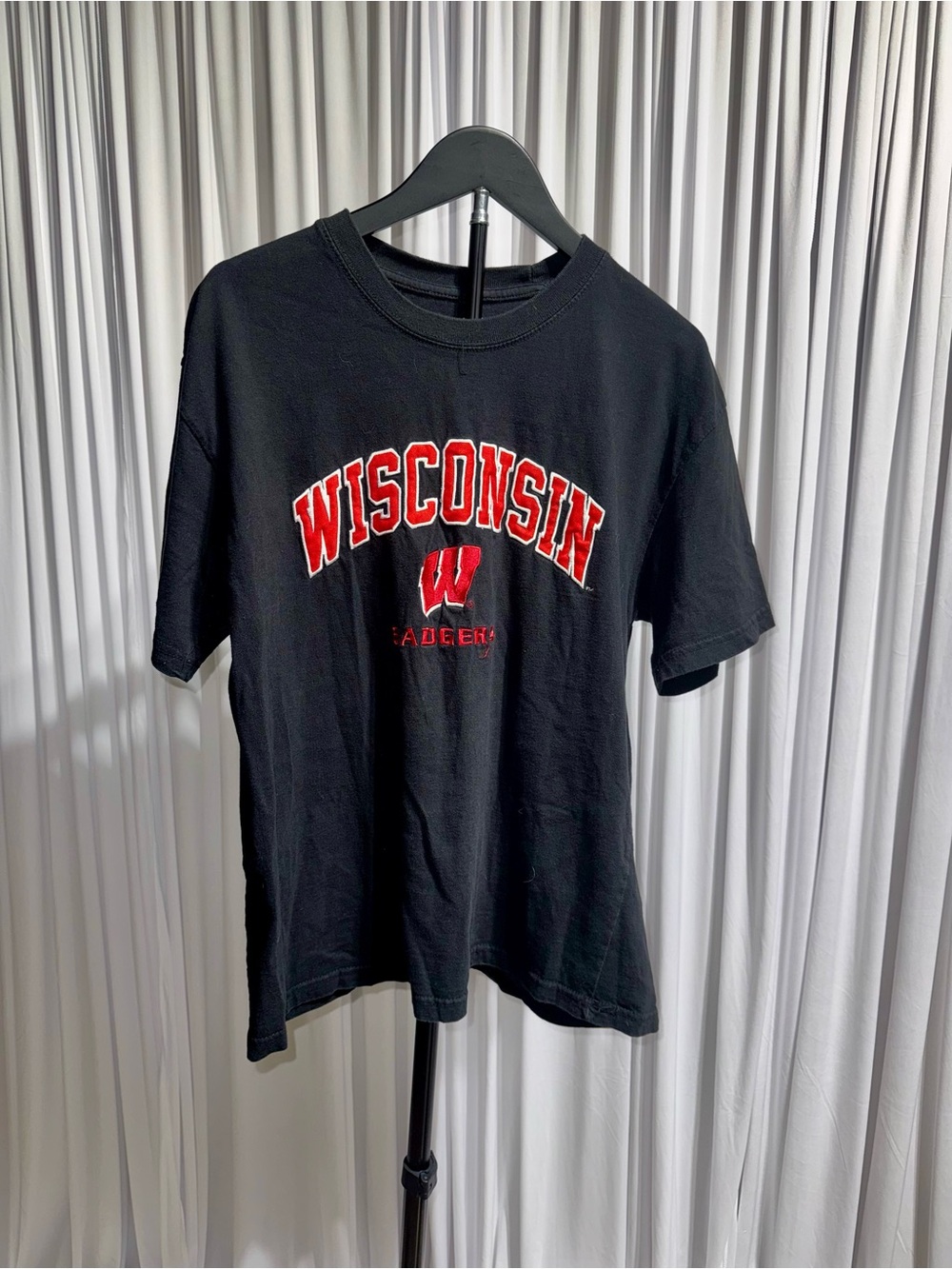 Wisconsin Black Short Sleeve Tee with Red Logo